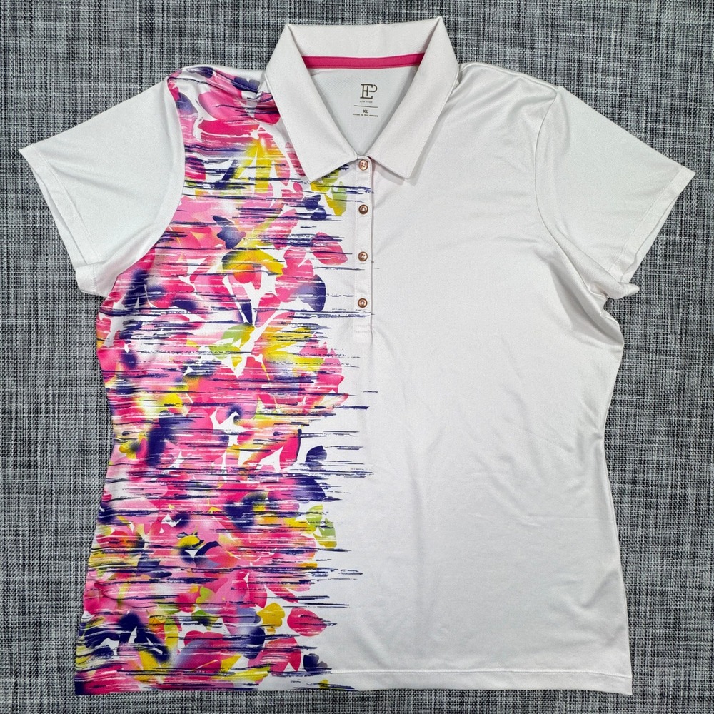 EP New York Womens XL Golf Polo Shirt White Pink Floral Short Sleeve Stretch